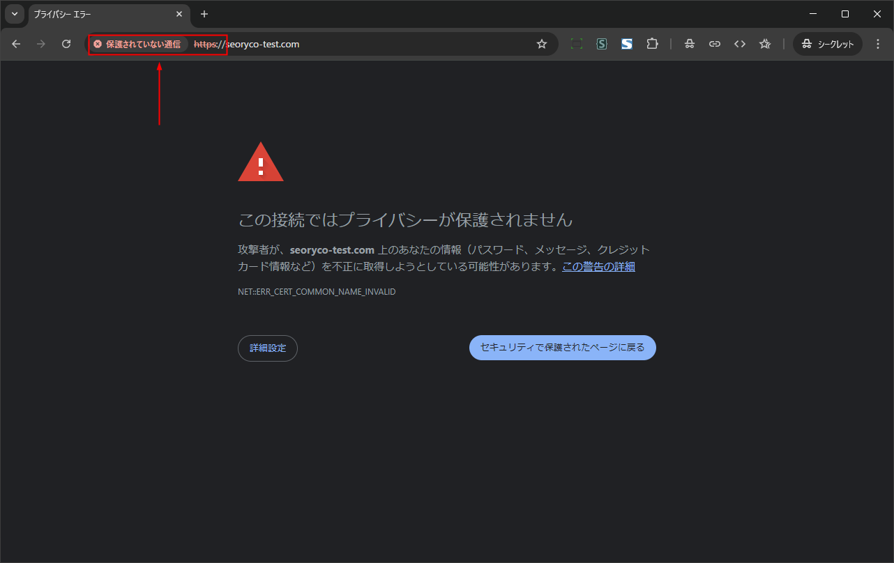 SSL証明書取得が完了していないときの画面「この接続ではプライバシーが保護されません」
