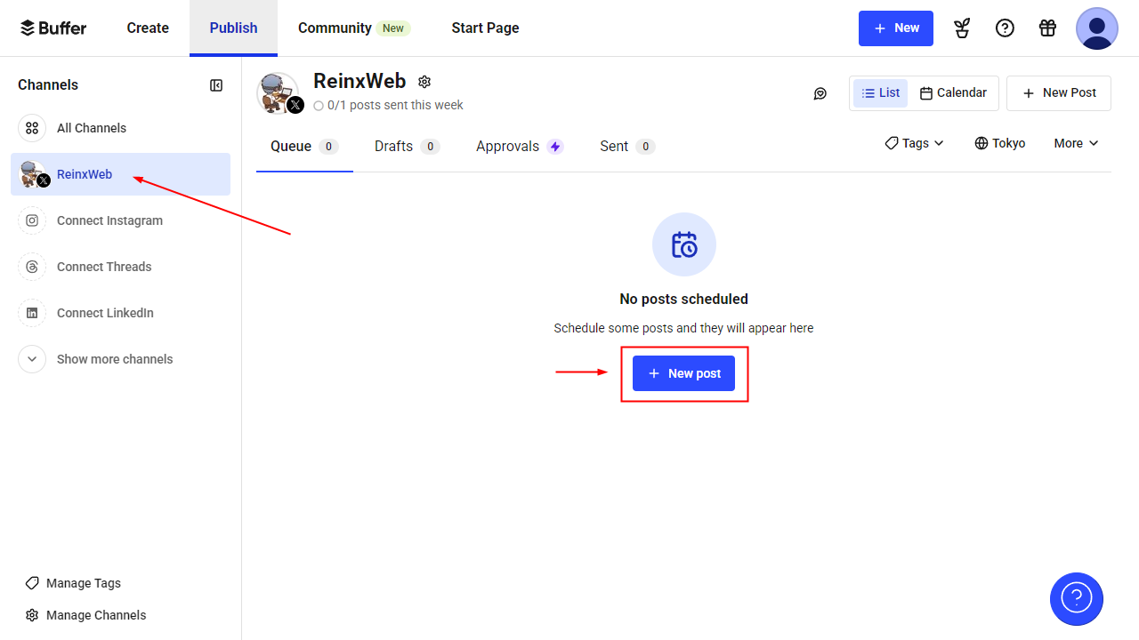BufferでXのアカウントを選択して投稿