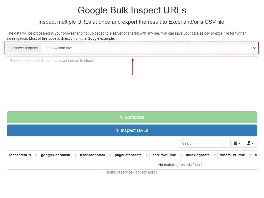 Google Bulk Inspect URLs プロパティ選択