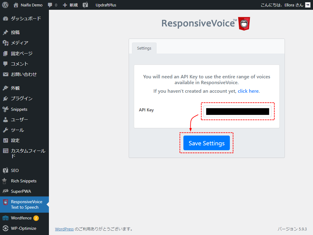 ResponsiveVoice APIキーを入力して保存