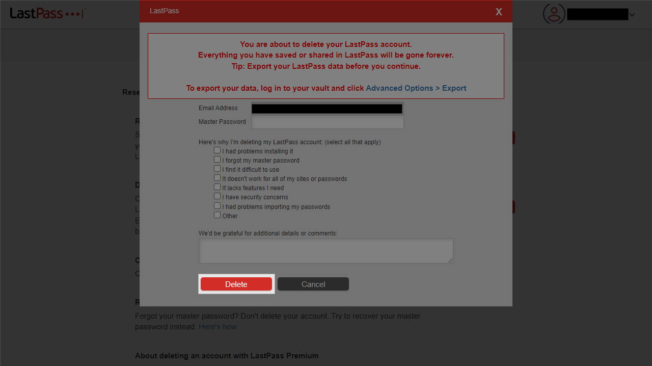 LastPass アカウント削除確認画面