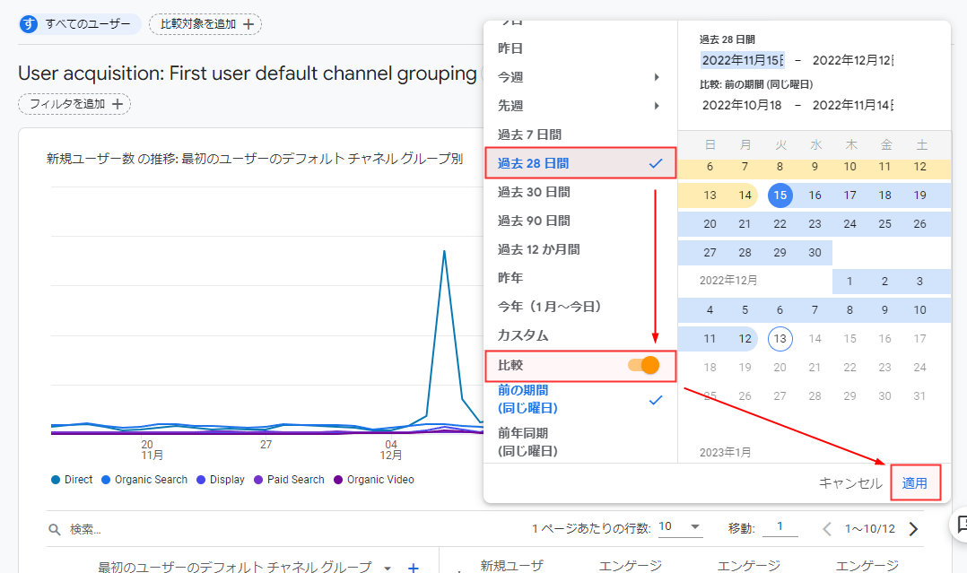 Googleアナリティクス 比較期間設定