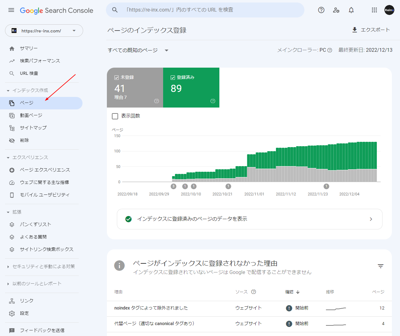 Search Console インデックス登録レポート画面