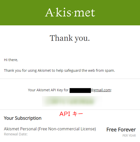 Akismet APIキーが掲載されているメール