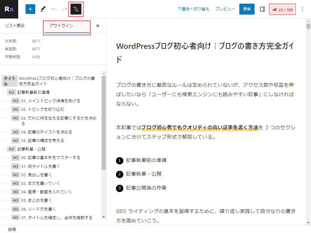 WordPress 投稿編集画面 アウトライン