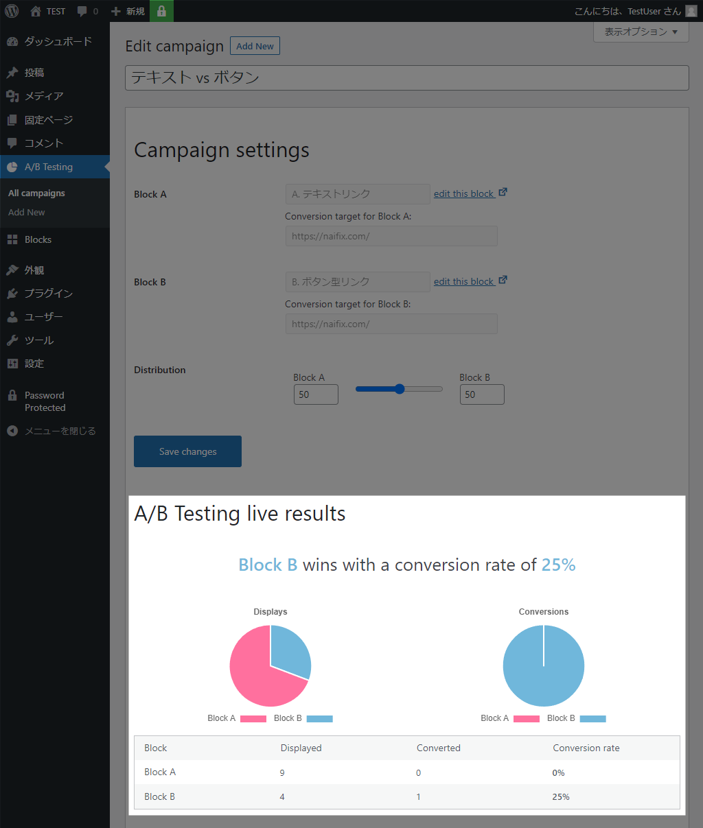 My WP A/B Testing ABテスト結果画面