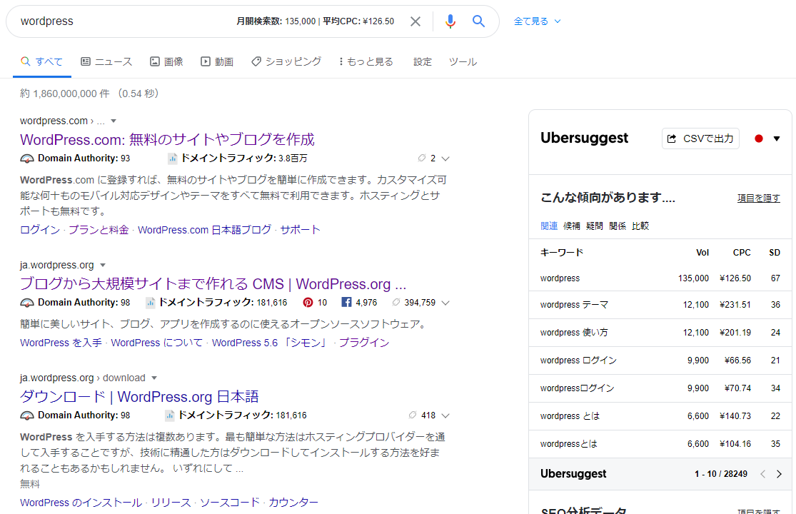 Ubersuggest Chrome拡張機能