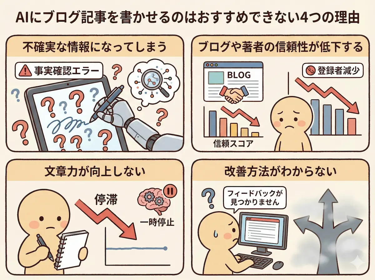 AI にブログ記事を書かせるのはおすすめできない4つの理由(不確実な情報になってしまう、ブログや著者の信頼性が低下する、文章力が向上しない、改善方法がわからない)